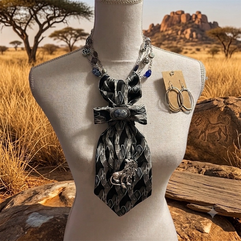 Franck Michel Italy Silk Tie Necklace Lion Brooch & Hoop Earrings Set Maximalist - Picture 3 of 11